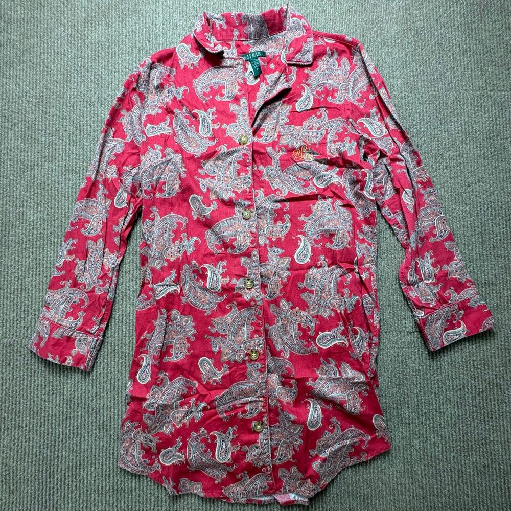 Lauren Ralph Lauren Red Paisley Print Long Sleeve Sleep Shirt Dress Medium